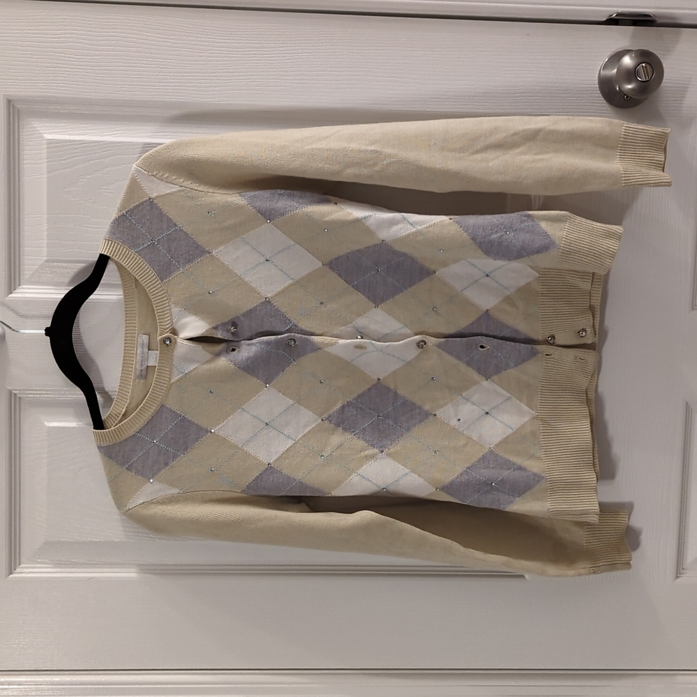 Green, grey, and white cardigan